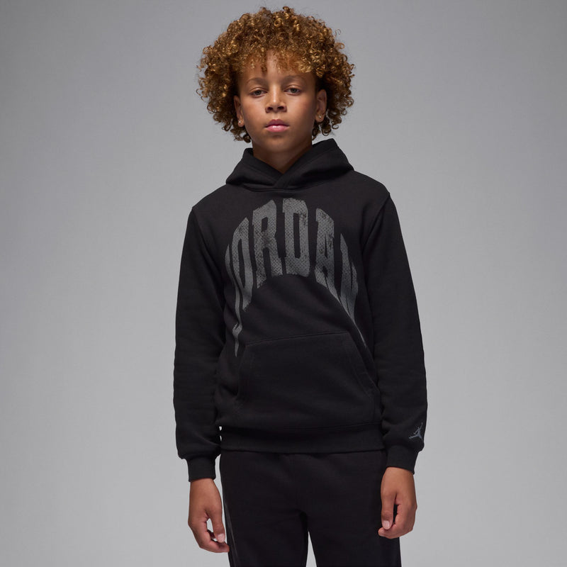 Youth black fleece hoodie with 'JORDAN' logo print on chest, front view