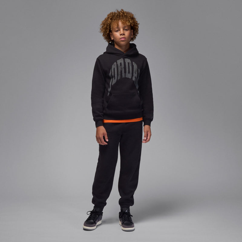 Youth black fleece pullover hoodie with front 'JORDAN' print and hood