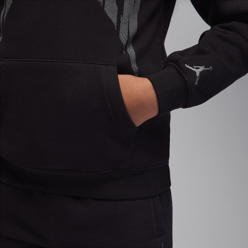 Youth black fleece hoodie pouch pocket with small Jumpman logo