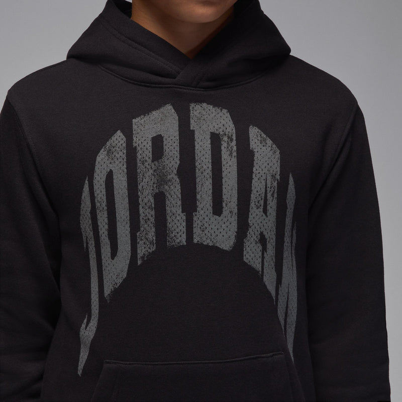 Youth black fleece hoodie with large 'JORDAN' chest graphic, close-up