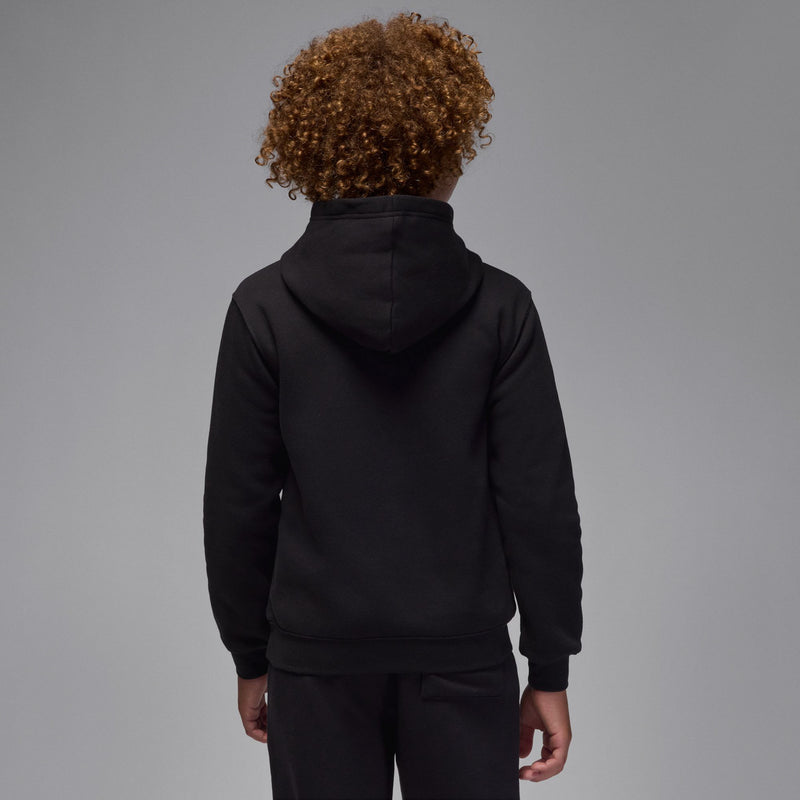 Youth black fleece pullover hoodie, back view with hood