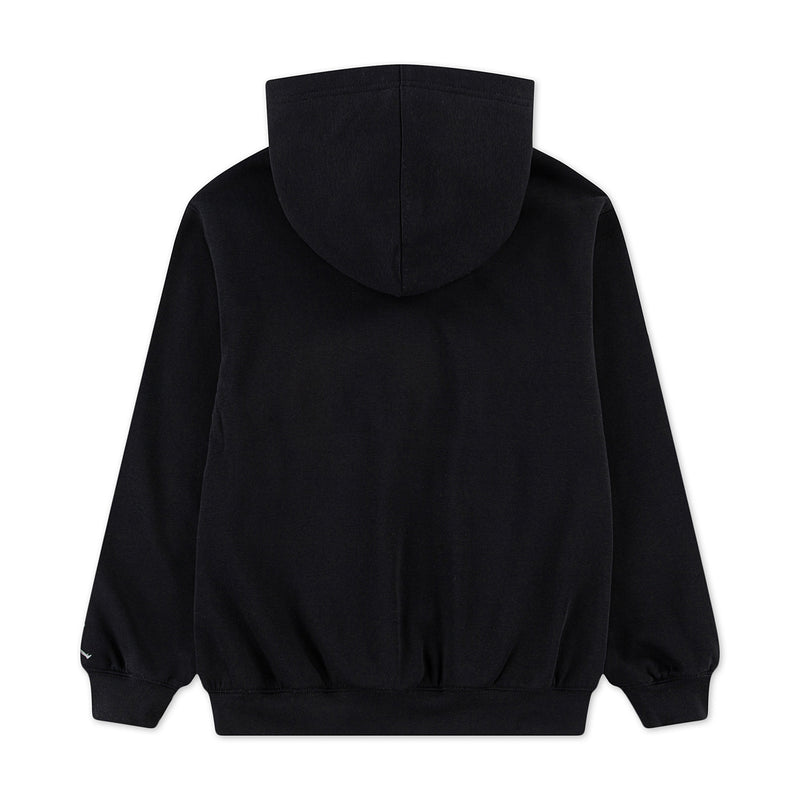 Youth black fleece pullover hoodie back view, full length, hooded