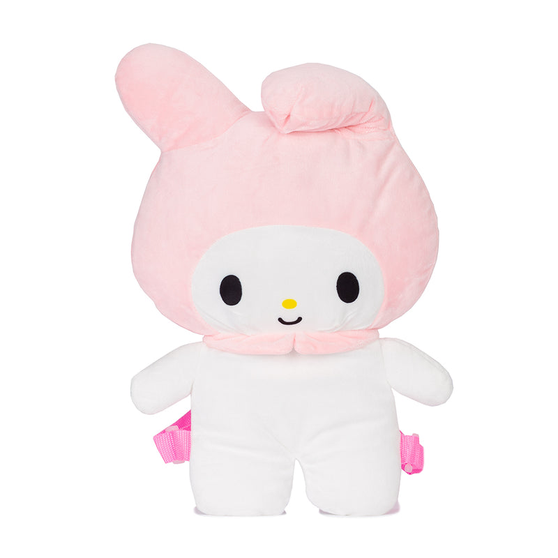 My Melody plush bunny backpack with pink ears, white face, and pink accents