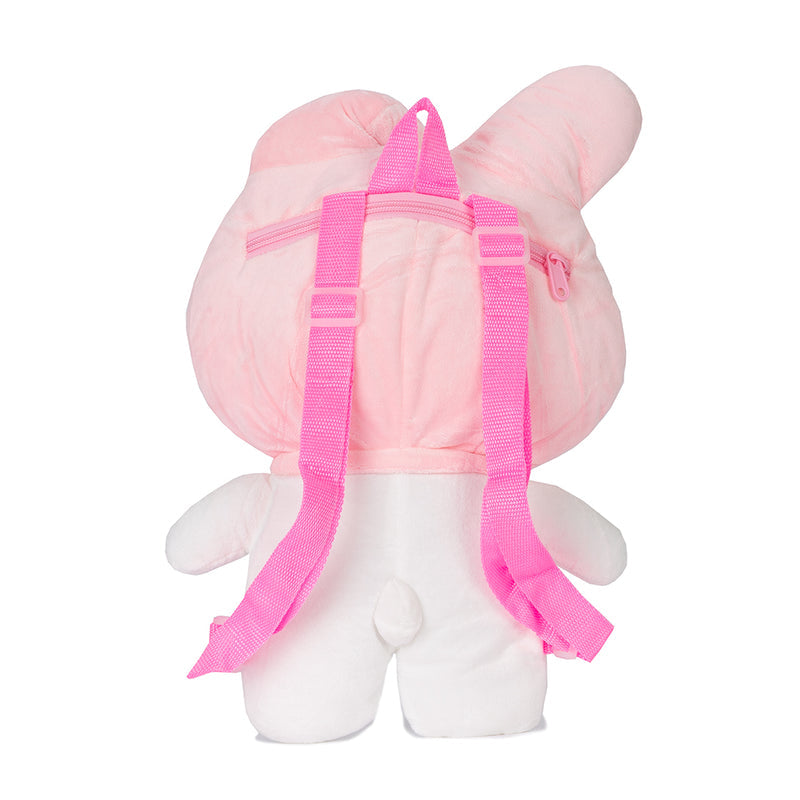My Melody plush bunny backpack with pink adjustable straps and white-and-pink body