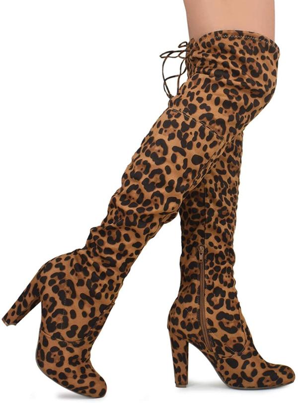 Over the Knee Block Heel Boots Leopard