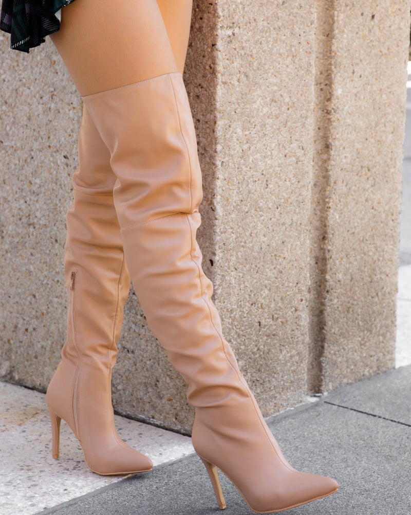 Nude Over the Knee Pointed Toe Stiletto Heel Boots