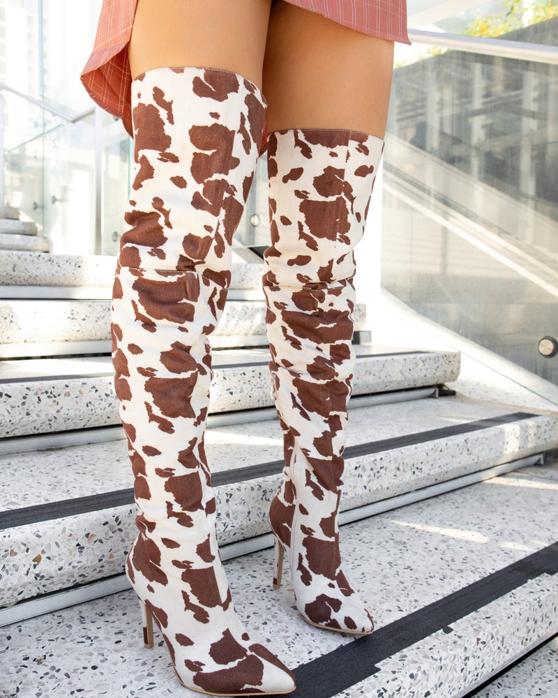 Tan Cow Over the Knee Pointed Toe Stiletto Heel Boots