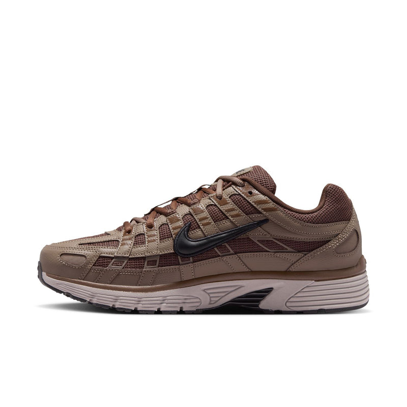 Men's lace-up running shoe in brown with black Swoosh and textured upper panels