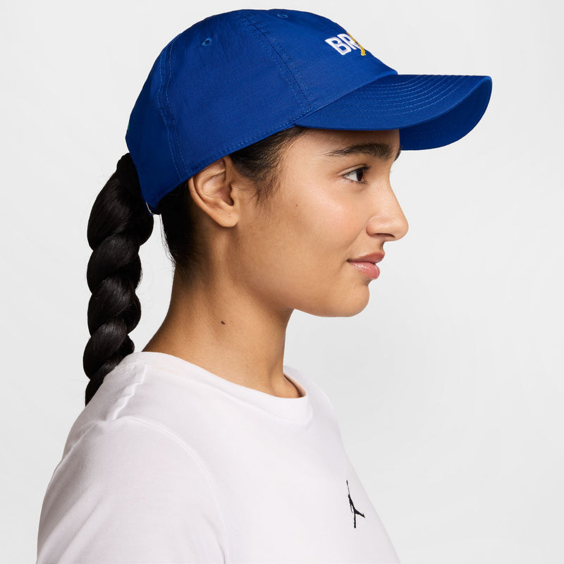 Old Royal blue snapback cap in profile with small BRASIL logo on the side.