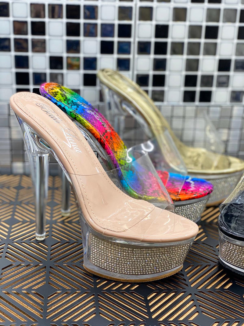 Pazzle Cloudy-01 Women's High Heel Platform Clear Mule Rhinestone Heel