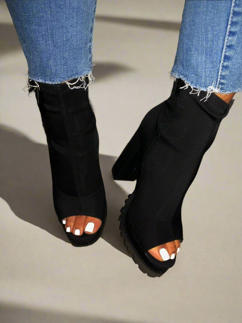 Black Peep Toe Chunky Heel Booties