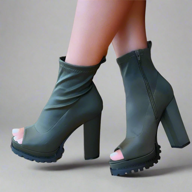 Olive Peep Toe Chunky Heel Booties