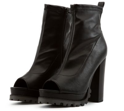 Black Pu Peep Toe Chunky Heel Booties