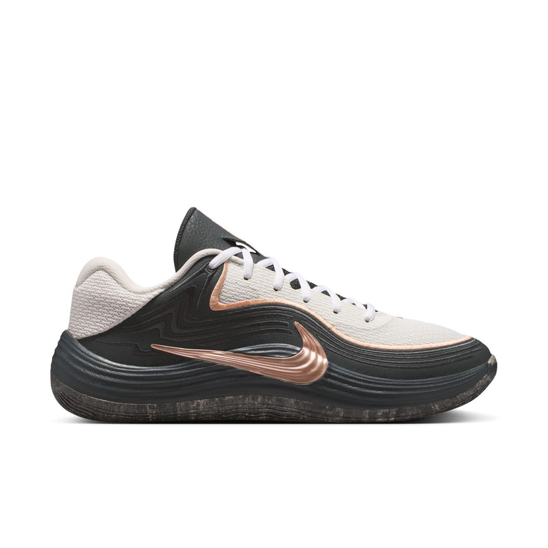 Men's low-top running shoes, white mesh with black sole and rose-gold swoosh