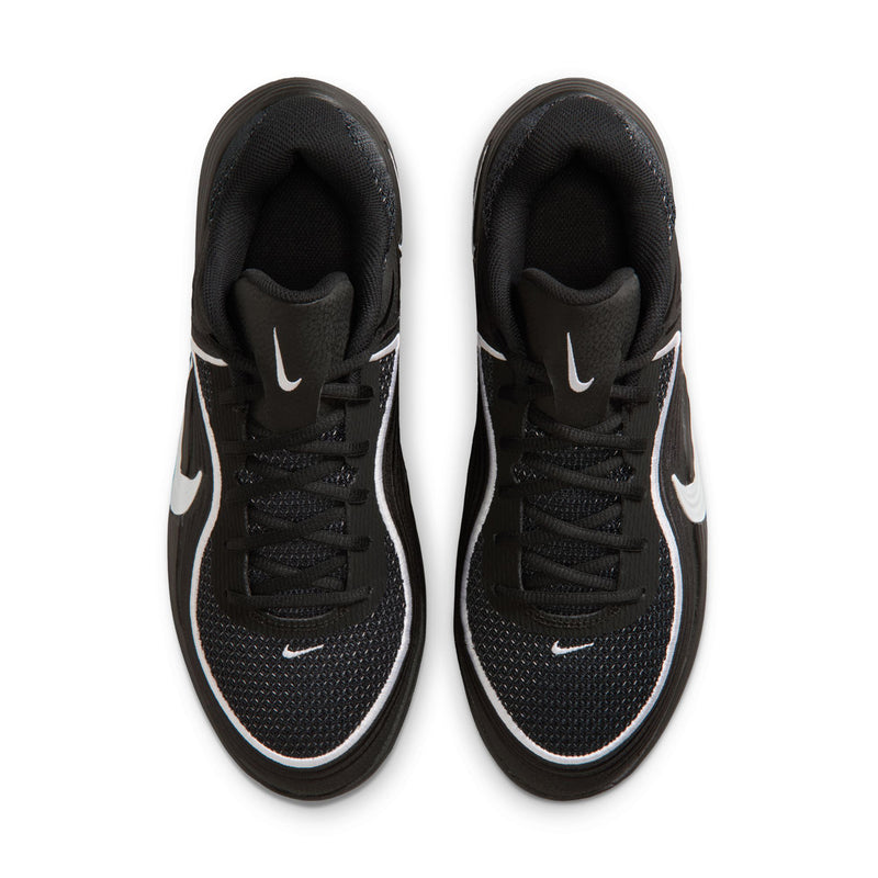 Men's black sneakers pair, top view with white swoosh accents on mesh