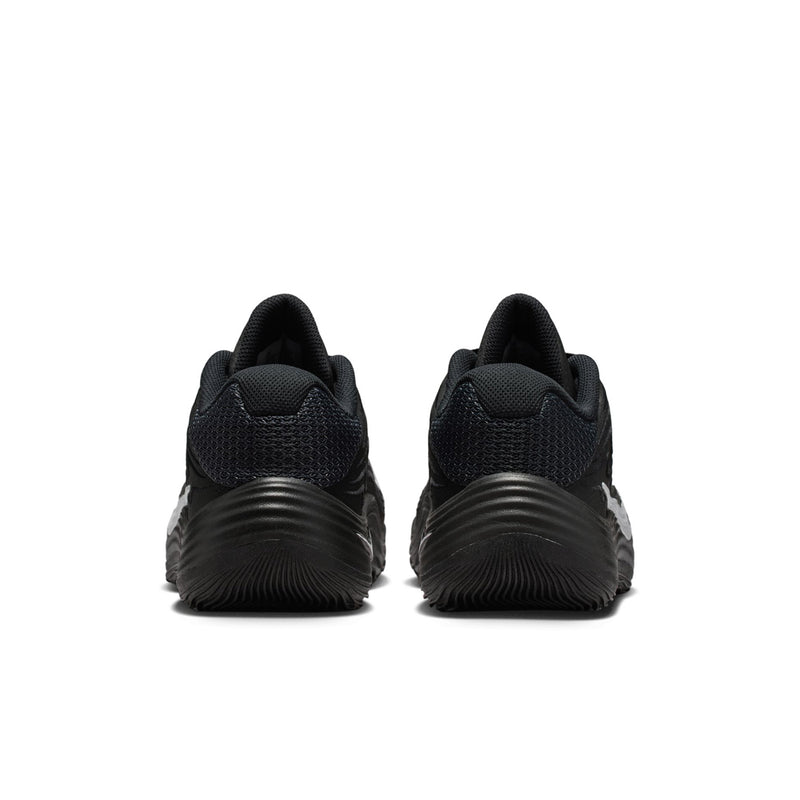 Men's black sneakers pair, heel view with ridged outsole and lace closure