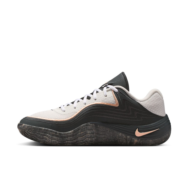 Men's low-top running shoes, white and dark gray upper with rose-gold swoosh