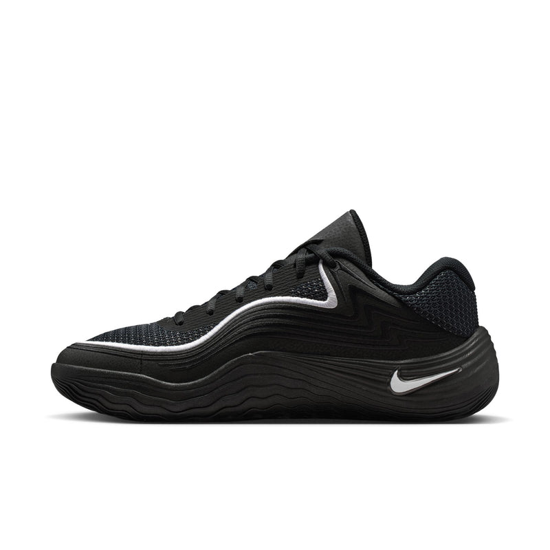 Men's black low-top sneakers, angled side view with white swoosh logo