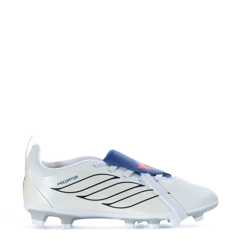 Youth football cleats, white with blue collar and red accents, firm-ground studs
