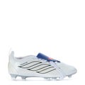 Youth football cleats, white with blue collar and red accents, firm-ground studs