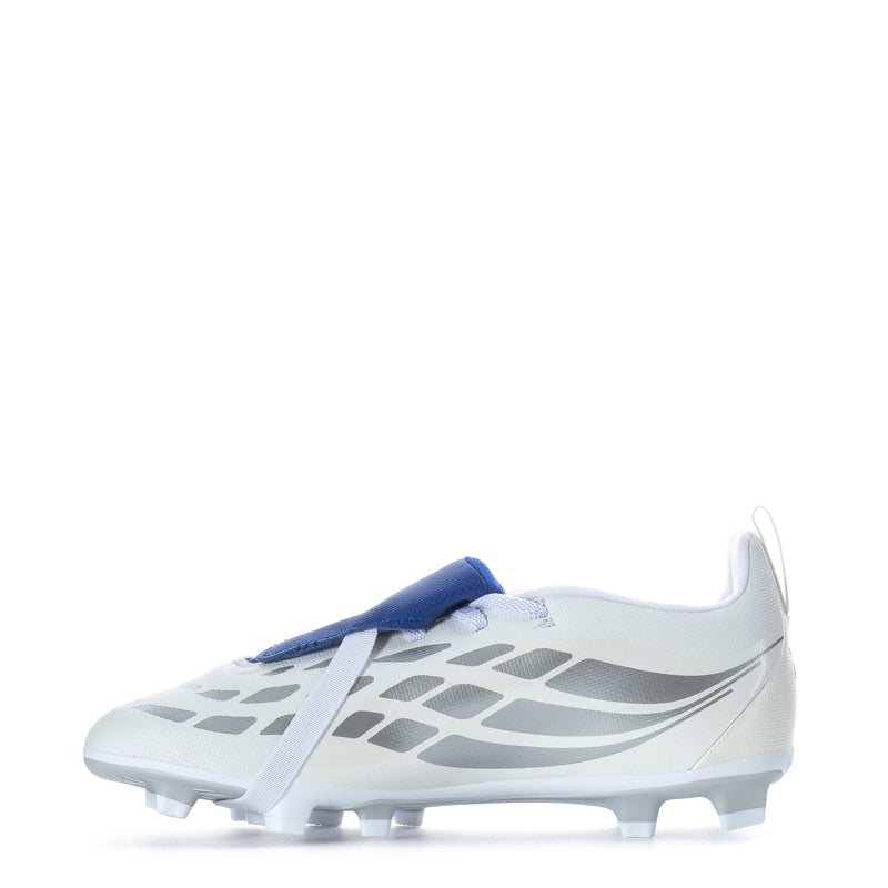 Youth football cleats, side view, white upper with blue strap and black graphics