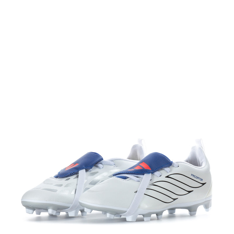 Youth football cleats, rear three-quarter view, white with blue-and-red detailing