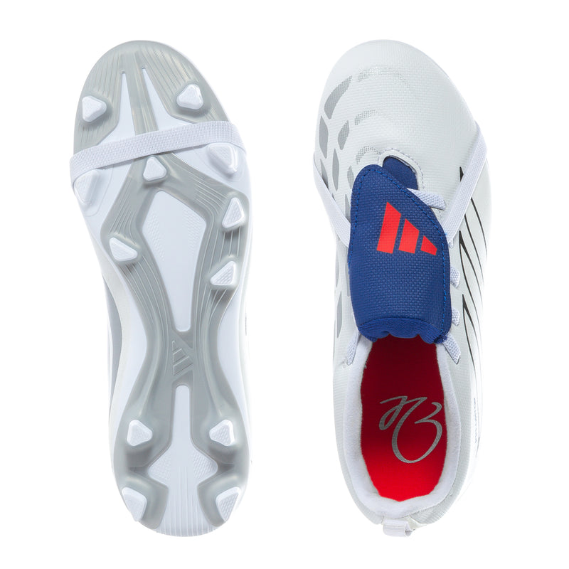 Youth football cleats, outsole and heel, white studs, blue strap and red insole