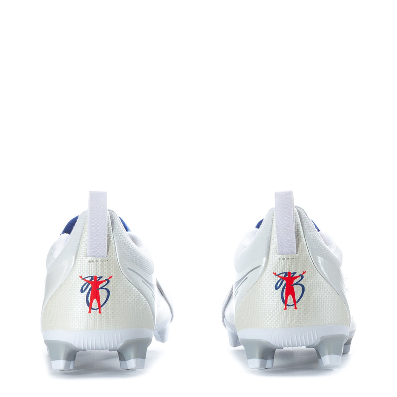 Youth football cleats, back view, white mesh with red mascot logo and blue accents