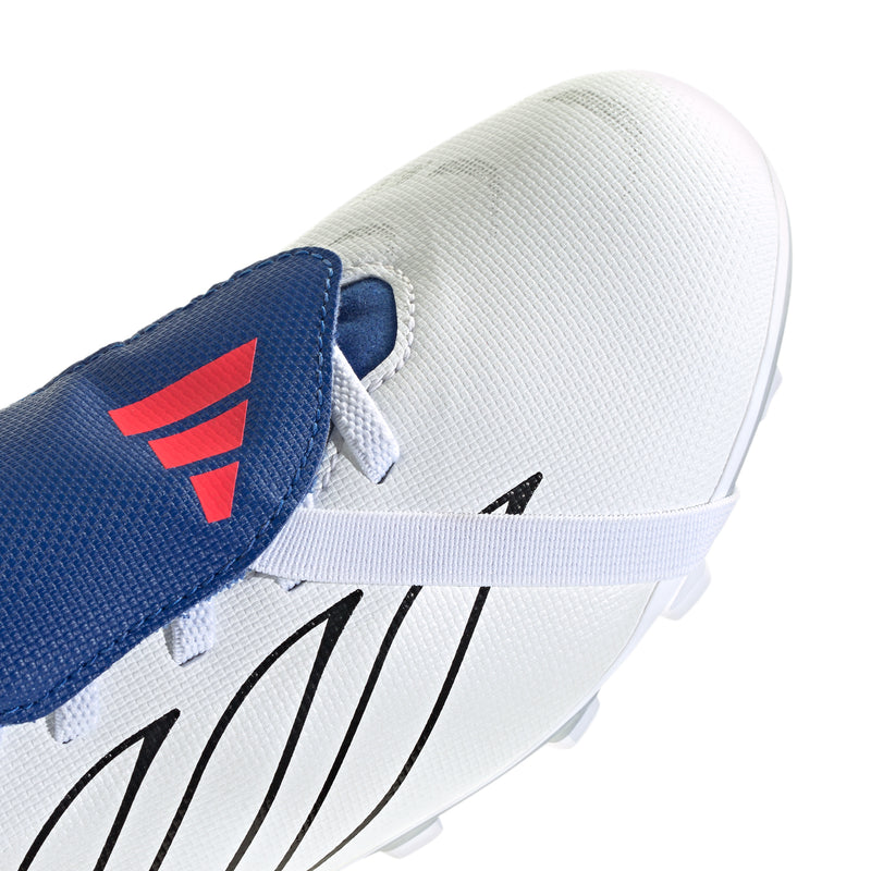 Youth football cleats, close-up, white upper with blue heel tab and red stripe