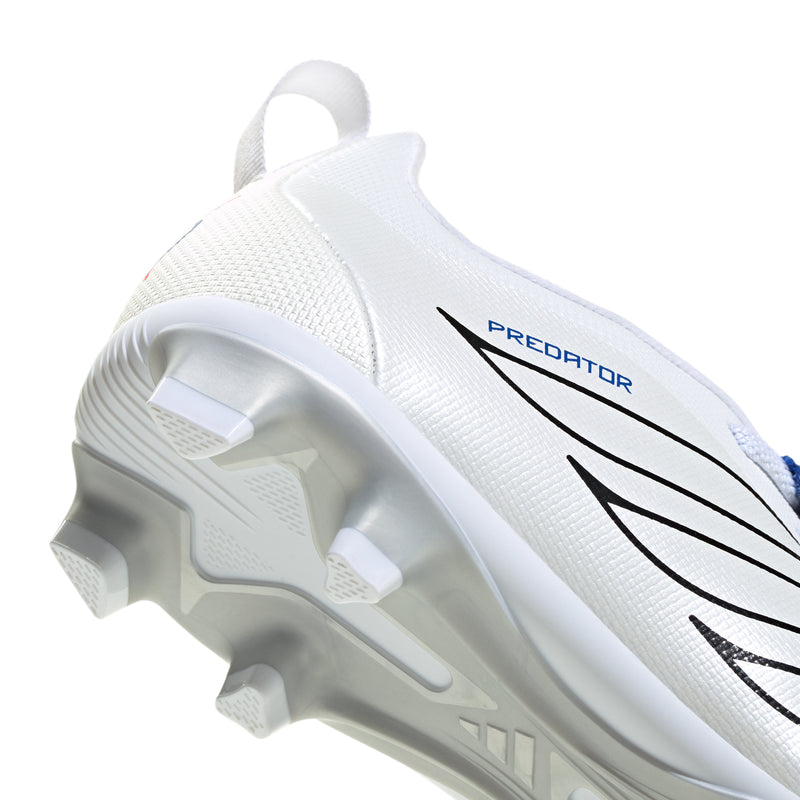 Youth football cleats, side close-up, Predator logo, white sole with blue heel