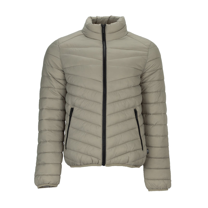 Men's taupe puffer jacket with full-zip front, high collar, quilted panels.