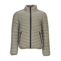 Men's taupe puffer jacket with full-zip front, high collar, quilted panels.