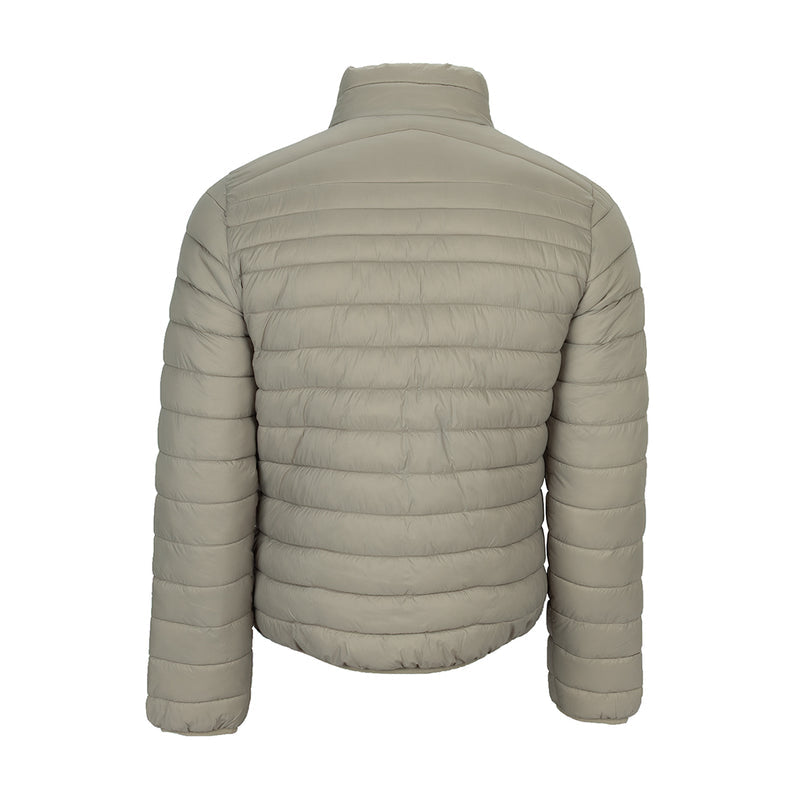 Men's taupe puffer jacket back view, full-zip, horizontal quilted stitching.