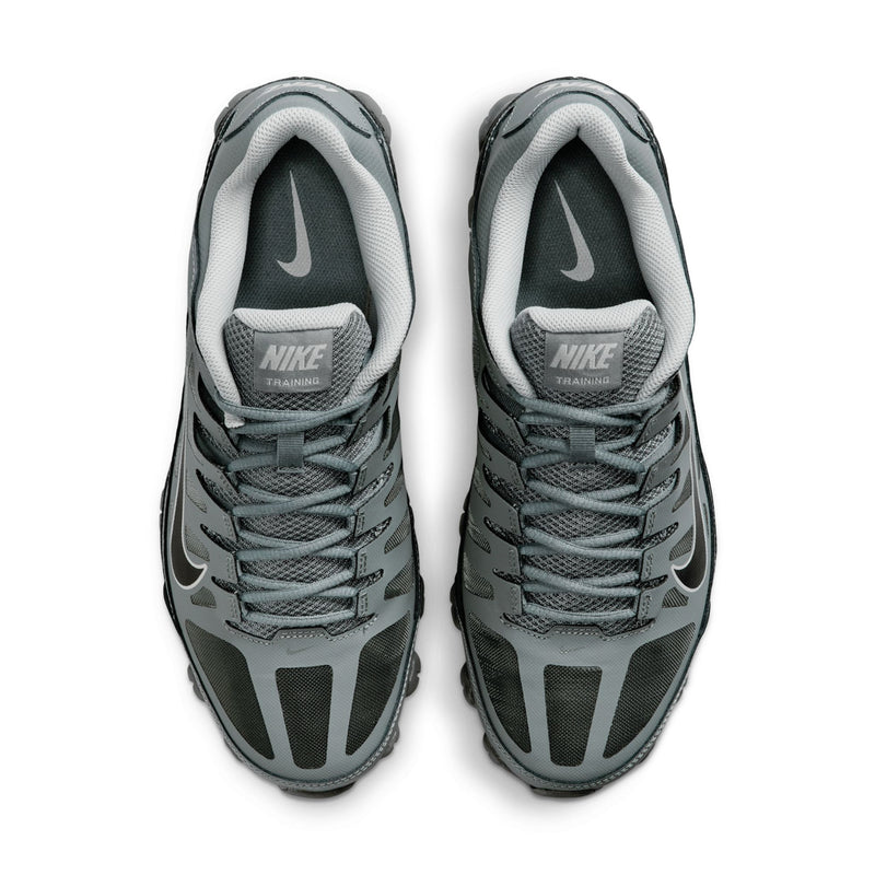 Men's training shoes from the top: smoke grey mesh with black Swoosh and cushioned collar.