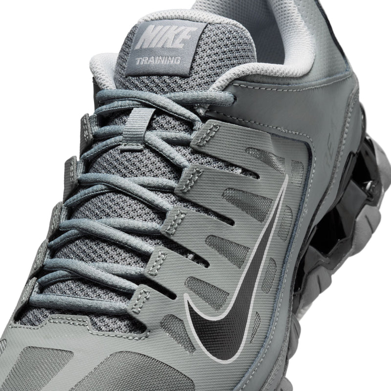 Men's training shoes lace-up upper in smoke grey mesh with black Nike Training branding.