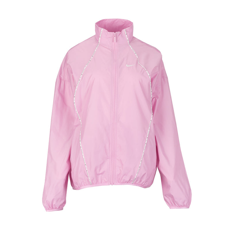 Women's pink windbreaker jacket with stand collar, full front zipper, and reflective trim