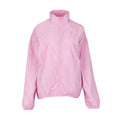 Women's pink windbreaker jacket with stand collar, full front zipper, and reflective trim