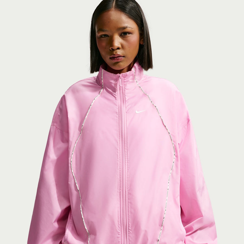 Women's pink windbreaker jacket with stand collar, front zipper, and small chest logo