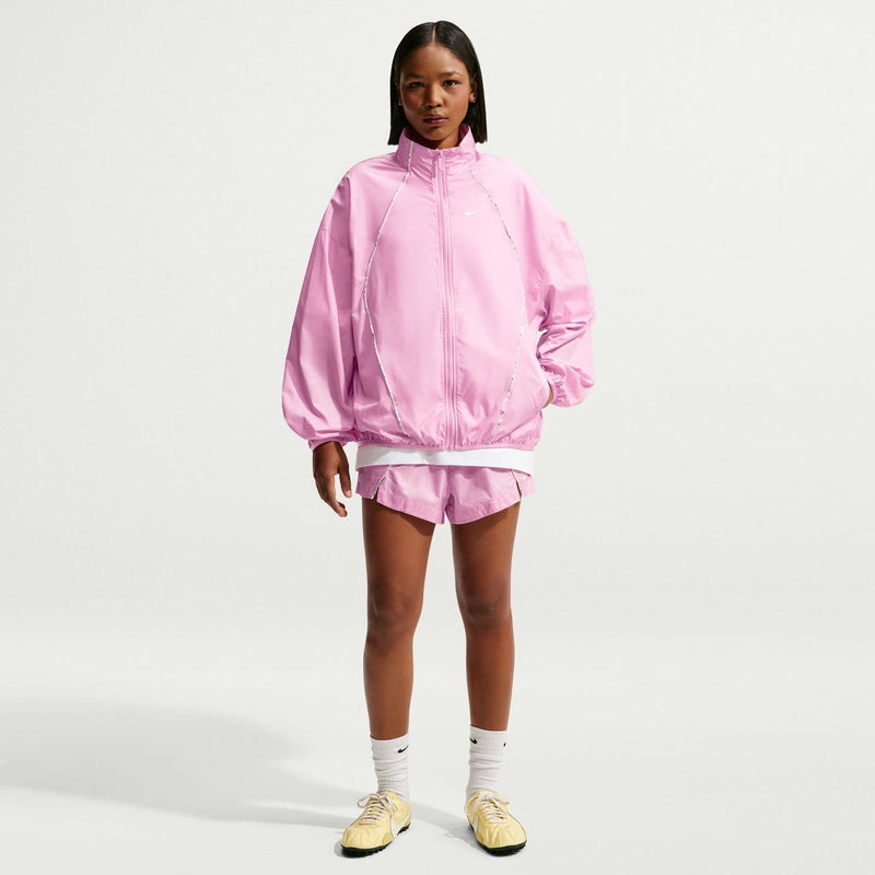 Women's pink windbreaker jacket with long sleeves, stand collar, and elastic cuffs