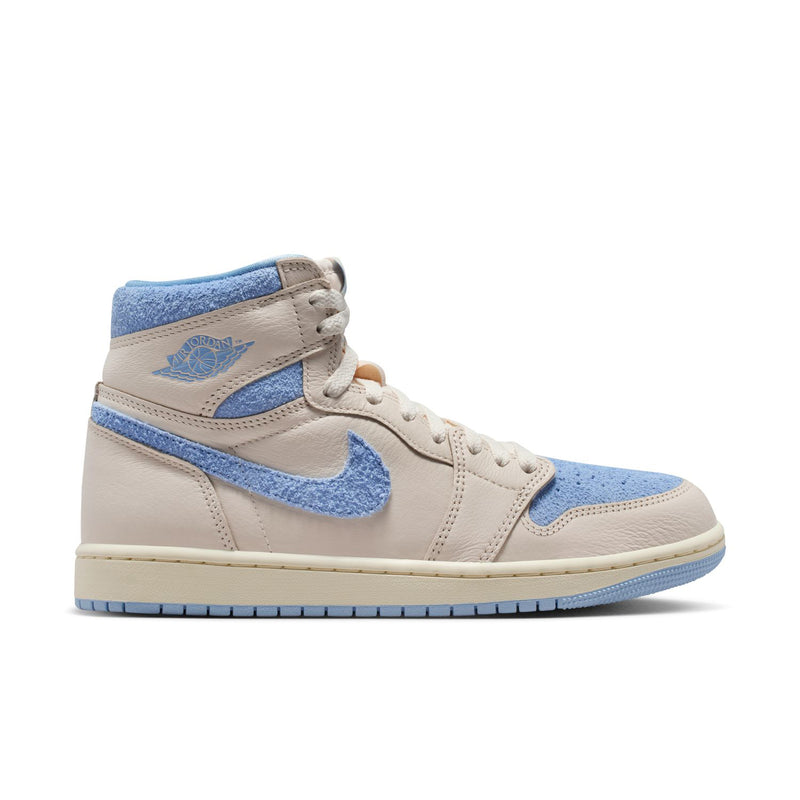 Women’s high-top sneakers in pale ivory leather with light blue Swoosh and panels.