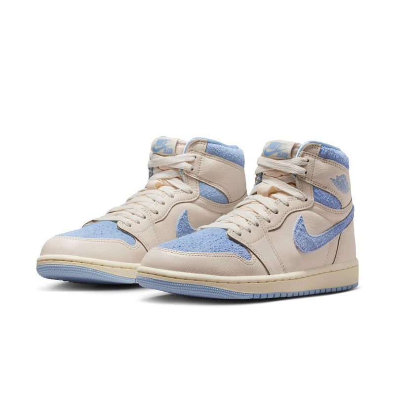 Women’s high-top sneakers in pale ivory and light blue, lace-up with padded collar.