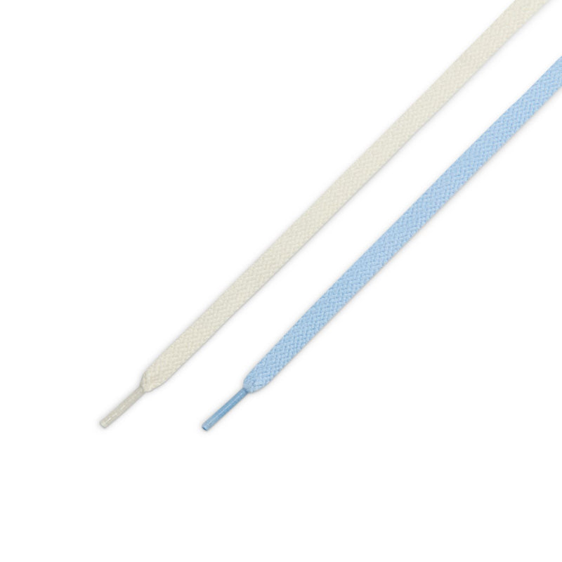 Shoe lace pair in pale ivory with light blue striped ends.