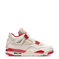 Women's retro sneakers in pale ivory with red trim, mesh panels, and air-sole heel