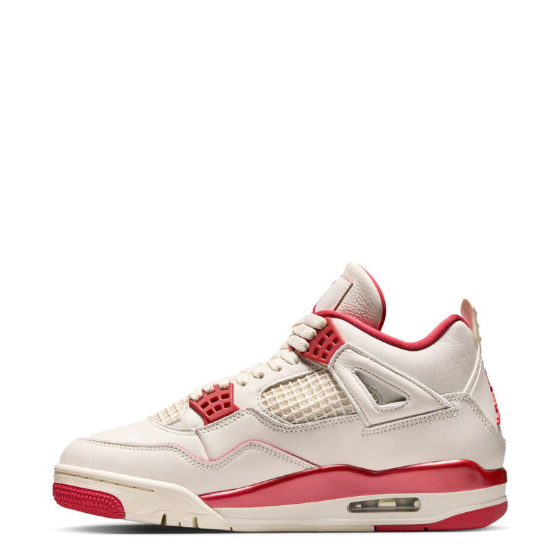 Women's retro sneakers, pale ivory with red accents, side mesh details, and air-sole