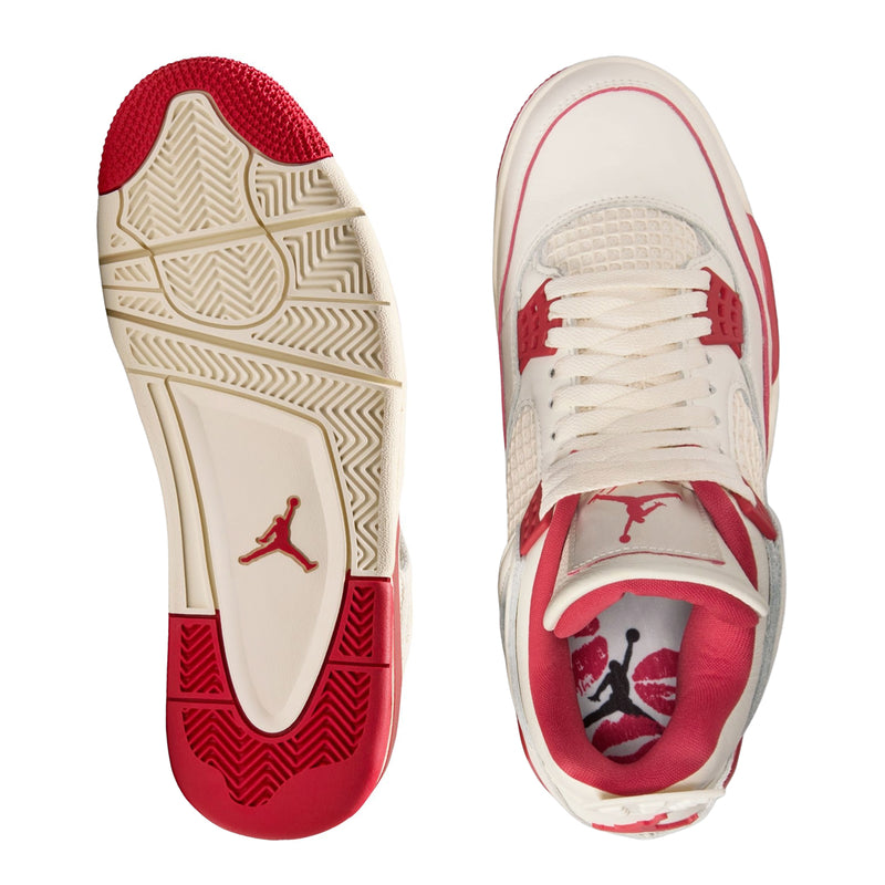Pair of women's retro sneakers showing red-and-ivory outsoles and red-lined interior