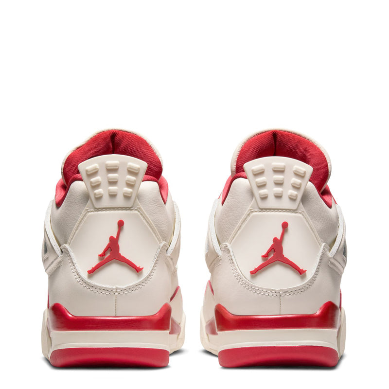 Women's retro sneakers heel view with red Jumpman logo and pale ivory rear panel