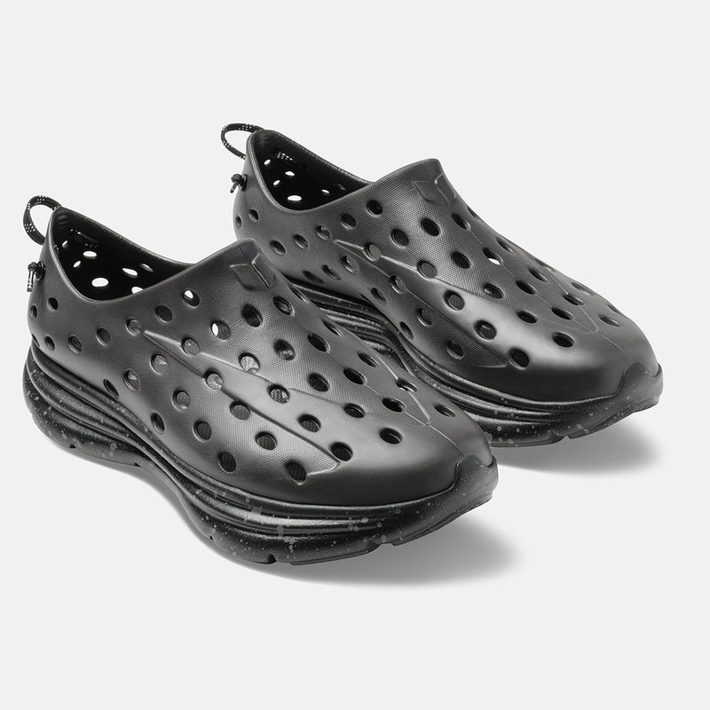 KANE Revive recovery shoe in charcoal / black speckle color, 3/4 view