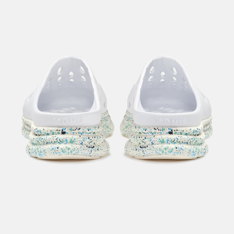 KANE Revive OB recovery shoe in white antique white speckle color, back view