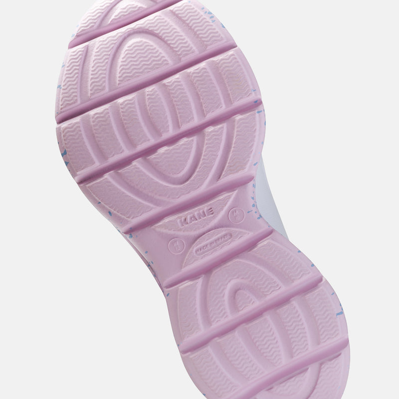 KANE Revive OB recovery shoe in white bubblegum speckle color, bottom view