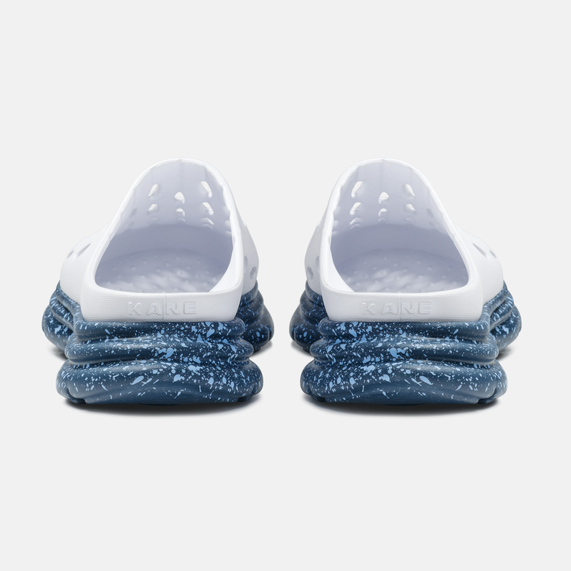 KANE Revive OB recovery shoe in white indigo speckle color, back view